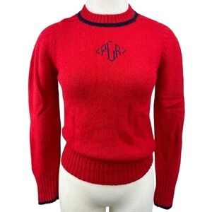 Vintage‎ 80s Womens Sweater (S) HUNTERS RUN Wool Monogram Norm Preppy Red Jumper